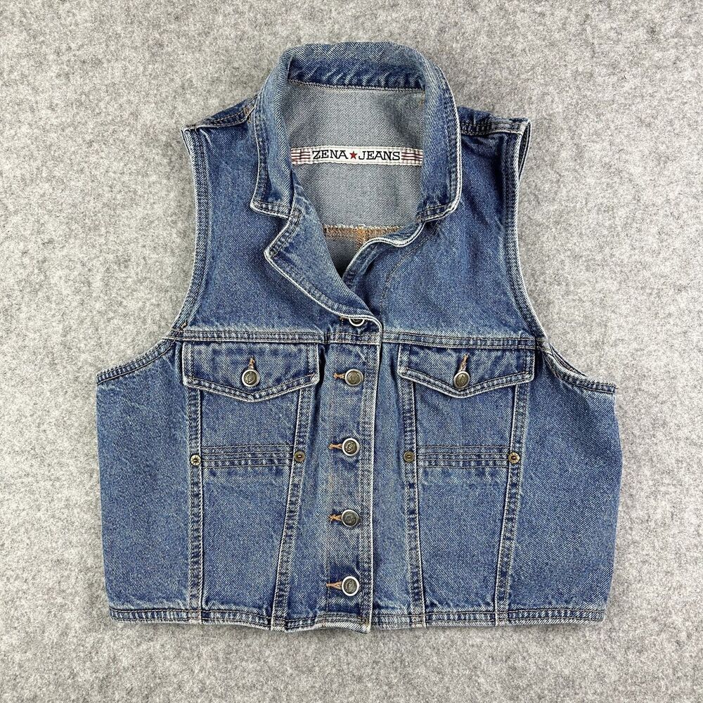 VTG Zena Jeans Vest Womens L Western Denim Sleeveless Cropped Button 90s Retro